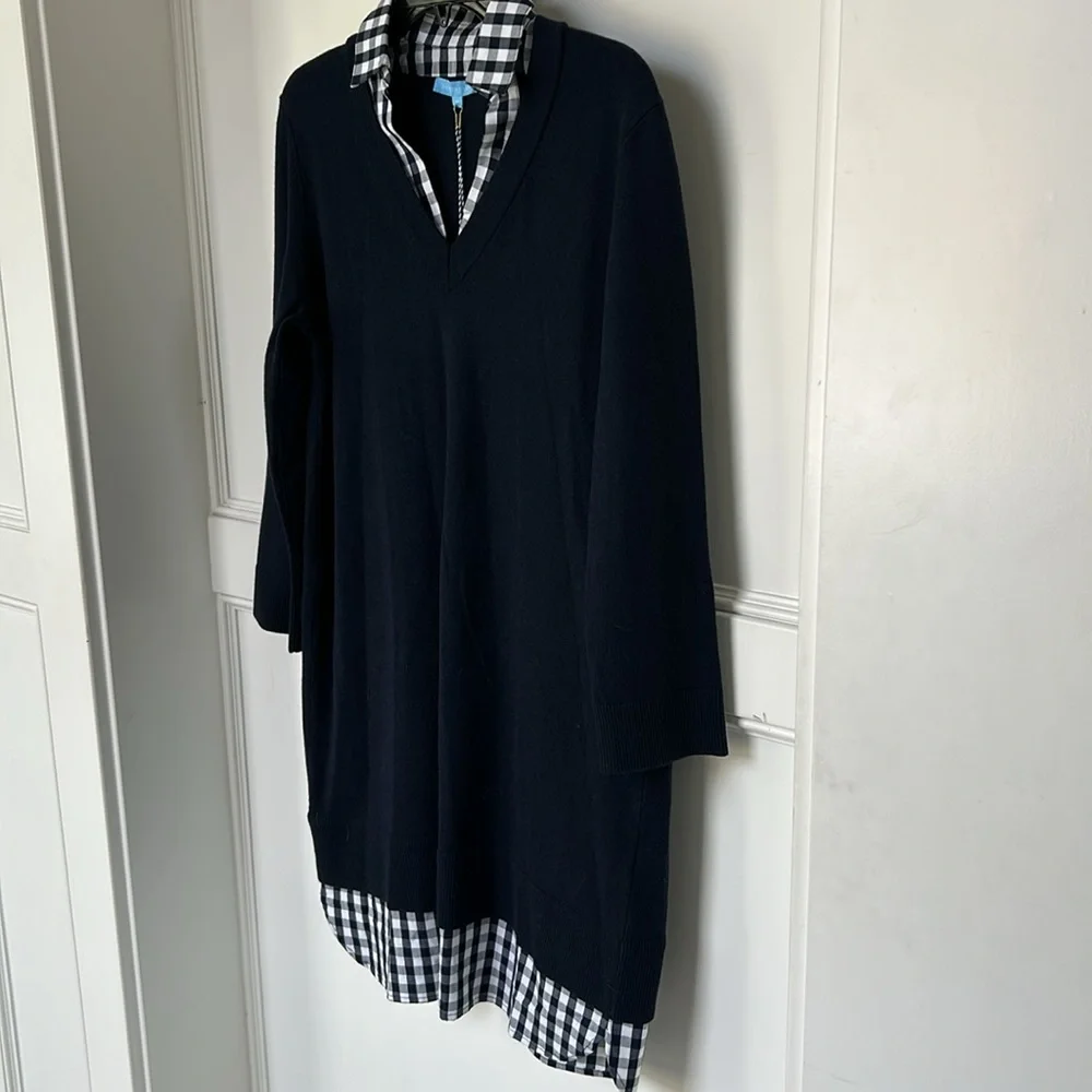DRAPER JAMES Wool and Cotton Combo Sweaterdress in Navy Blue White Checkered - Picture 6 of 10
